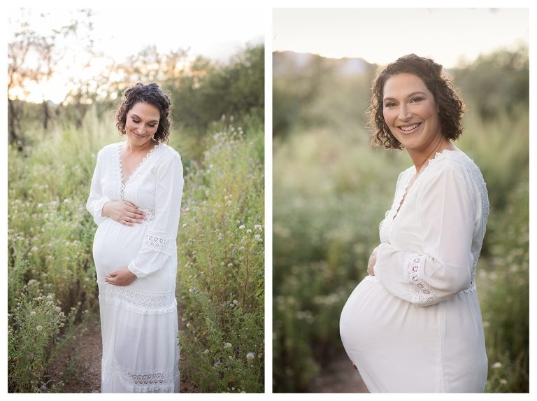Boho-inspired outdoor maternity pictures in wildflower meadow at sunset in Sierra Vista, Arizona by Hannah Whaley Photography. 