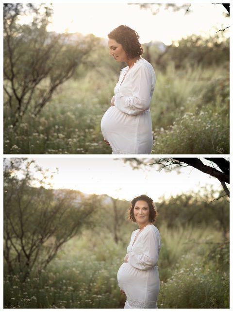 Boho-inspired outdoor maternity pictures in wildflower meadow at sunset in Sierra Vista, Arizona by Hannah Whaley Photography. 