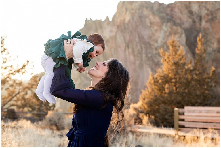 A collection of family photos photos with a chic vibe that blends perfectly with the scenic vistas of Smith Rock in Central Oregon.