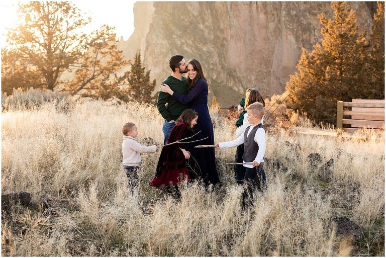 A collection of family photos photos with a chic vibe that blends perfectly with the scenic vistas of Smith Rock in Central Oregon.