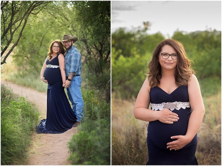 Husband and wife maternity pose, navy and green in Sierra Vista Arizona.